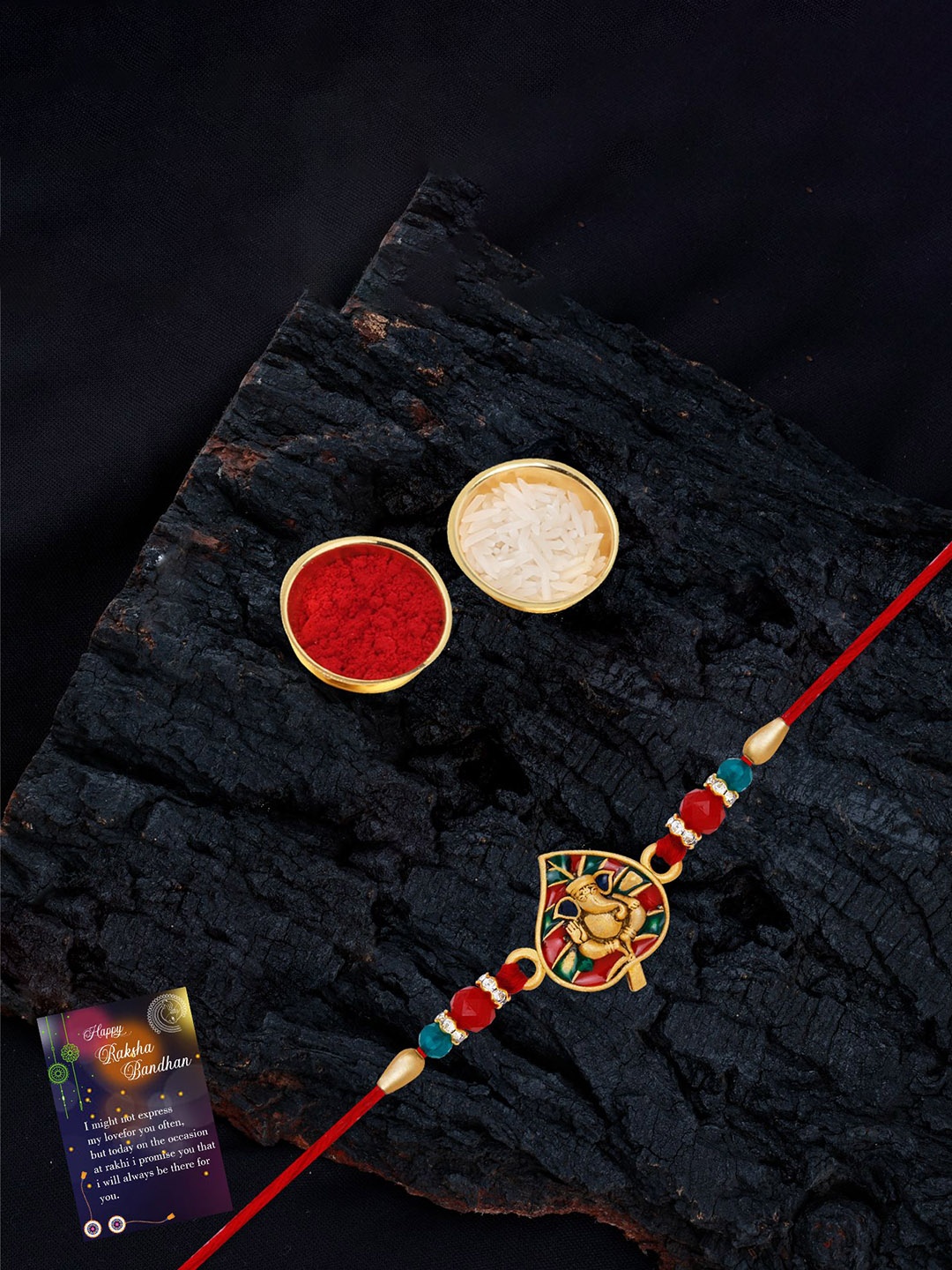 

Silver Shine Set Of 2 Beaded Rakhis with Roli Chawal & Greeting Card, Red