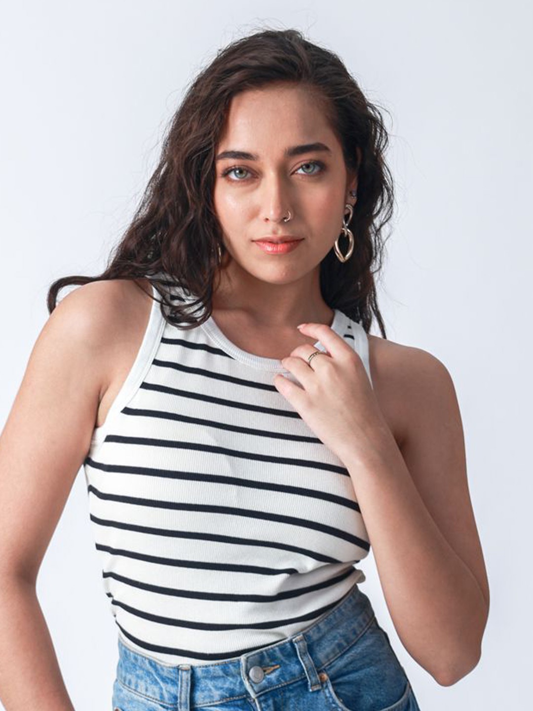 

Strong And Brave Women Striped Rib Padded Odor Free Vest Top, White