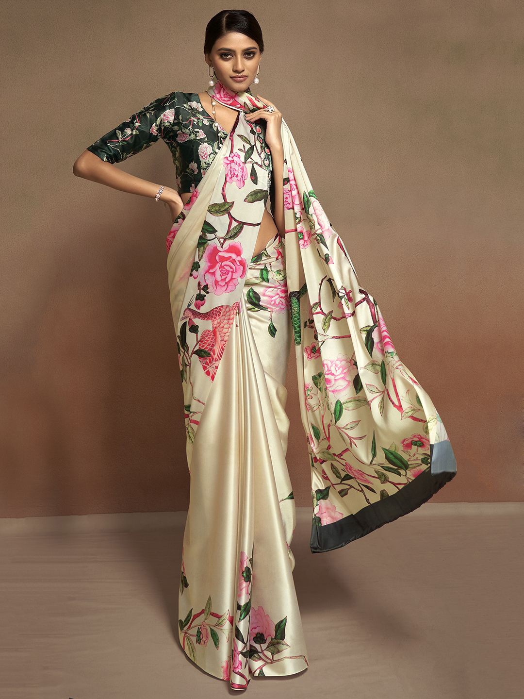 Panzora Floral Satin Saree, Cream