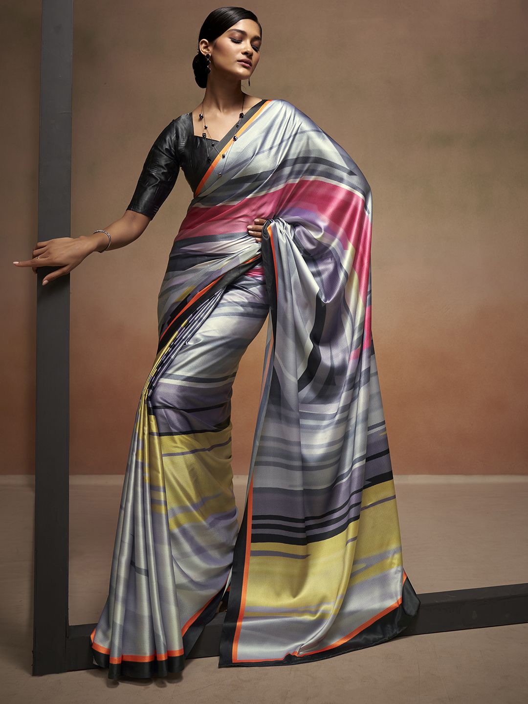 

Panzora Striped Printed Satin Saree, Grey