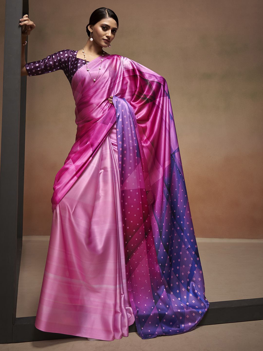

Panzora Women Printed Satin Sarees, Pink