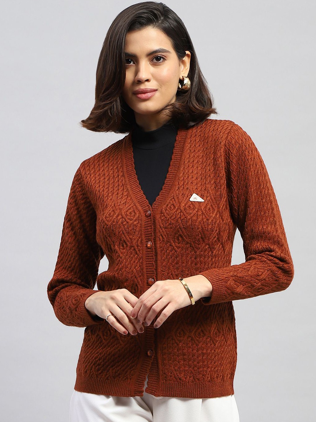 

Monte Carlo Women Cable Knit Woollen Cardigan, Brown
