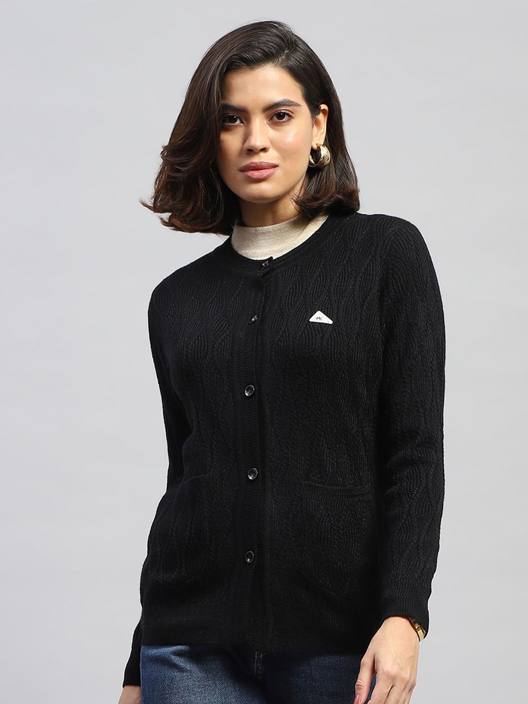 

Monte Carlo Women Cable Knit Woollen Cardigan, Black