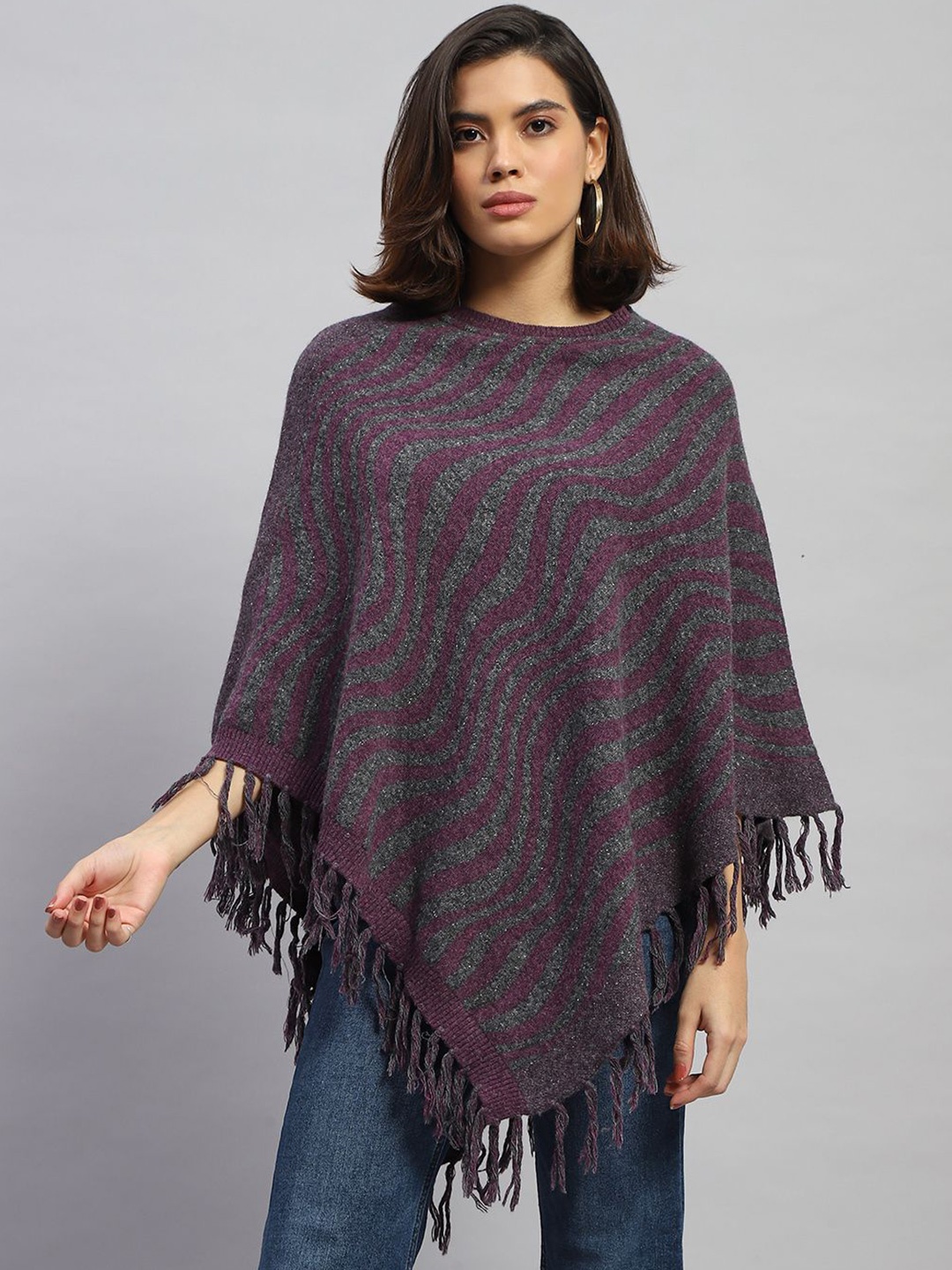 

Monte Carlo Women Striped Woollen Poncho, Purple