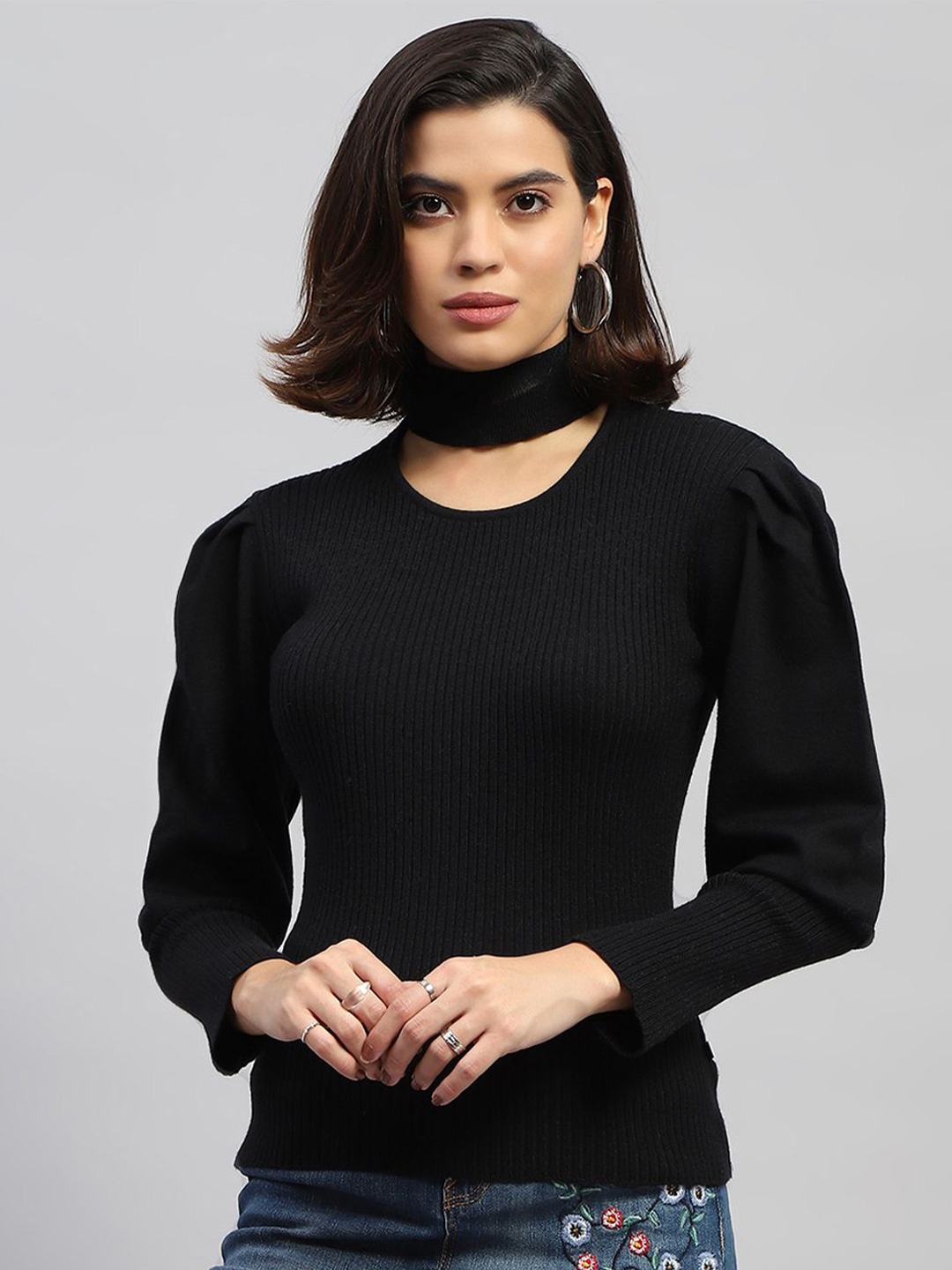 

Monte Carlo Women Ribbed Woollen Pullover, Black