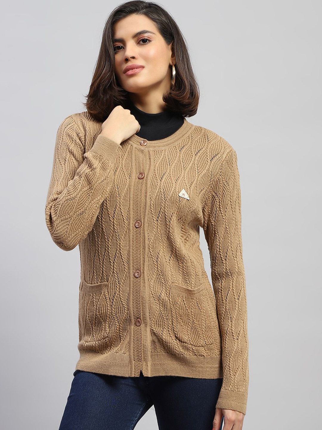 

Monte Carlo Women Cable Knit Woollen Cardigan, Brown