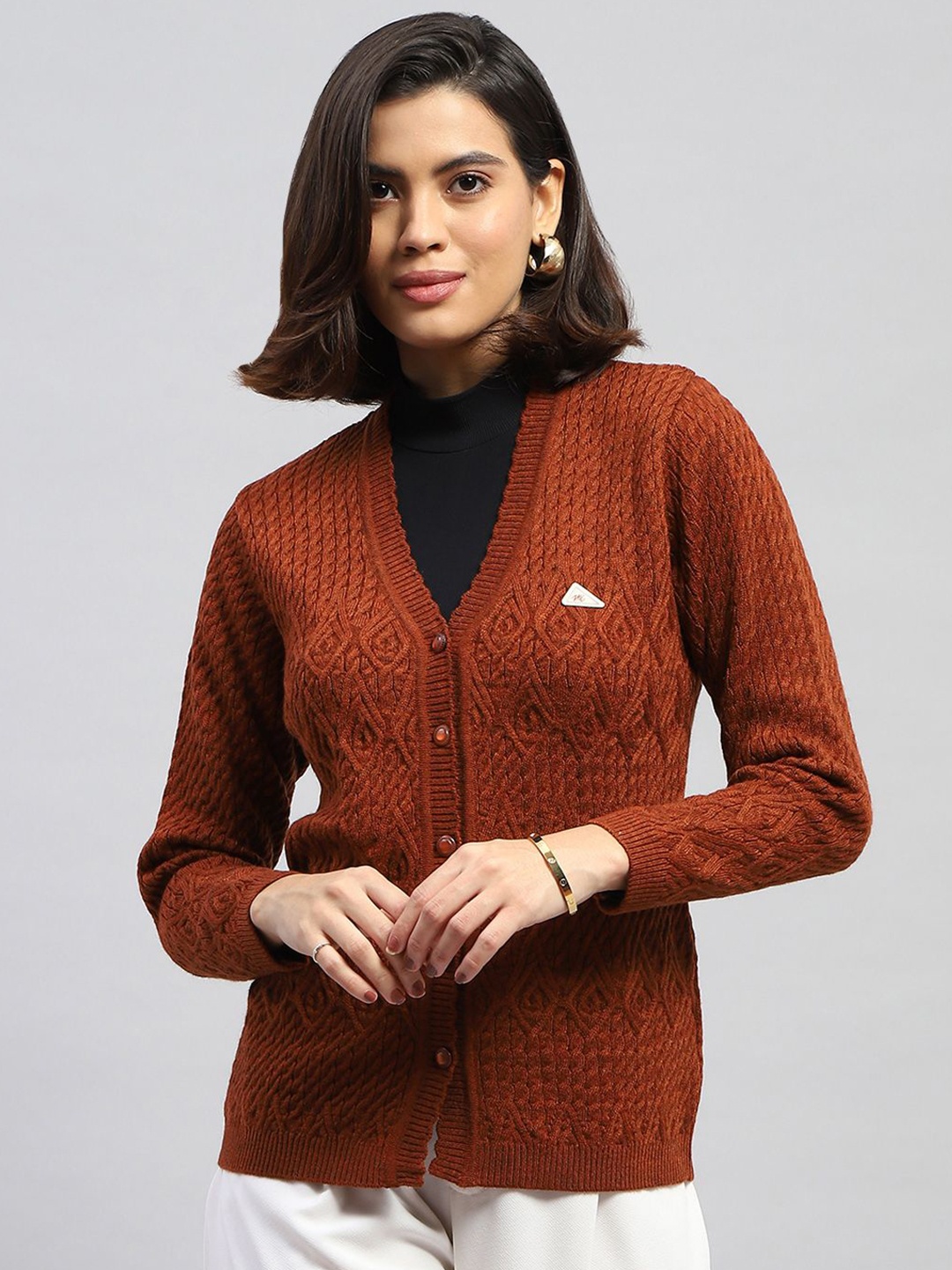 

Monte Carlo Women Cable Knit Woollen Cardigan, Brown