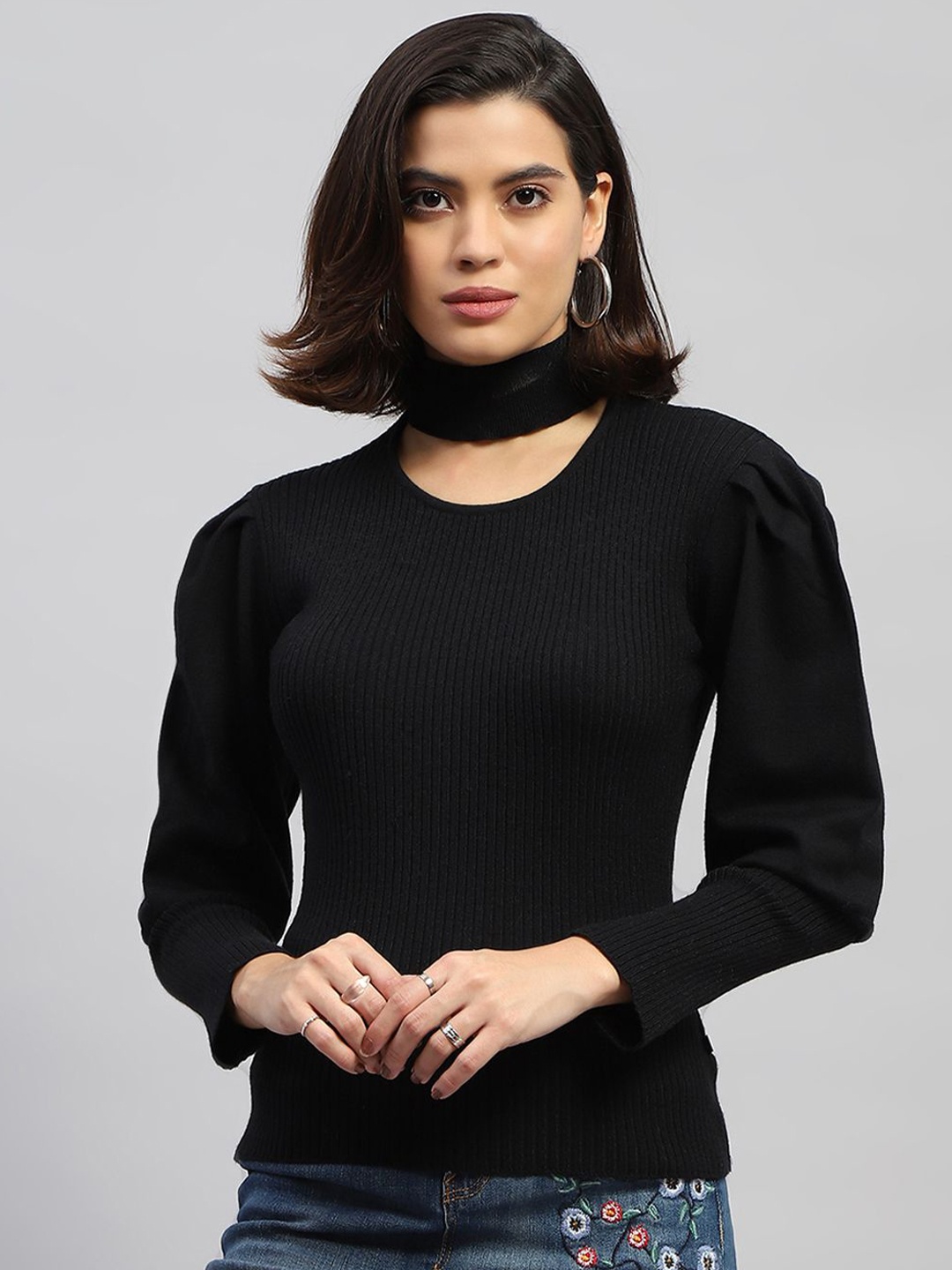 

Monte Carlo Women Ribbed Woollen Pullover, Black
