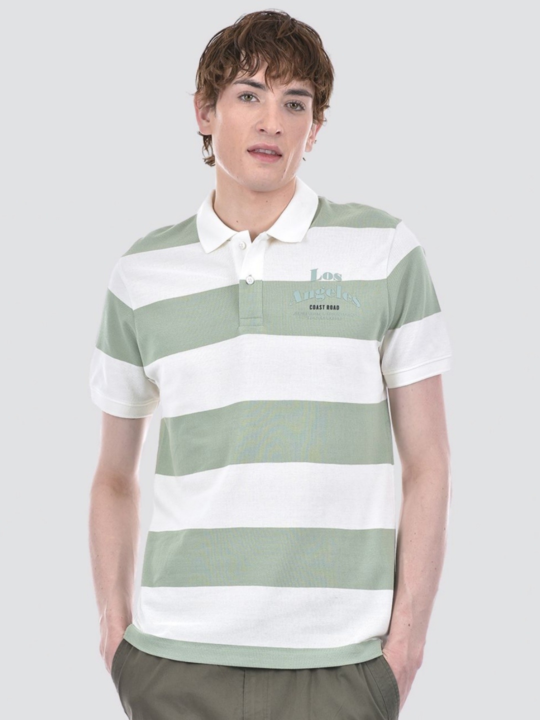 

EXCEED Men Striped Polo Collar Pockets T-shirt, Green
