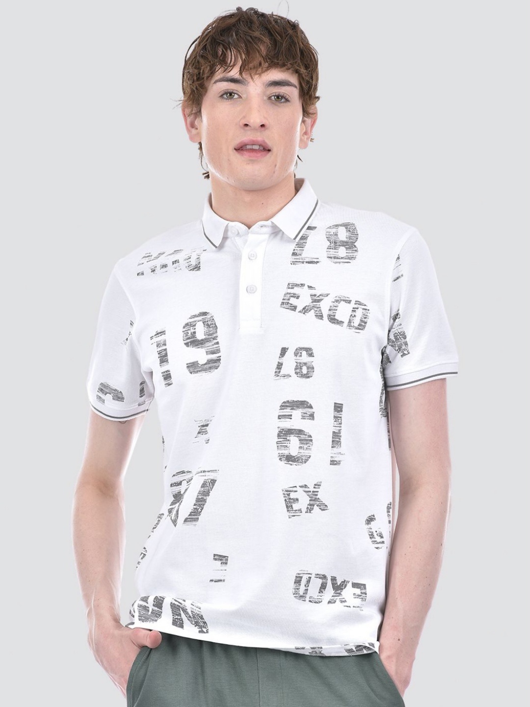 

EXCEED Men Typography Printed Polo Collar Raw Edge T-shirt, White