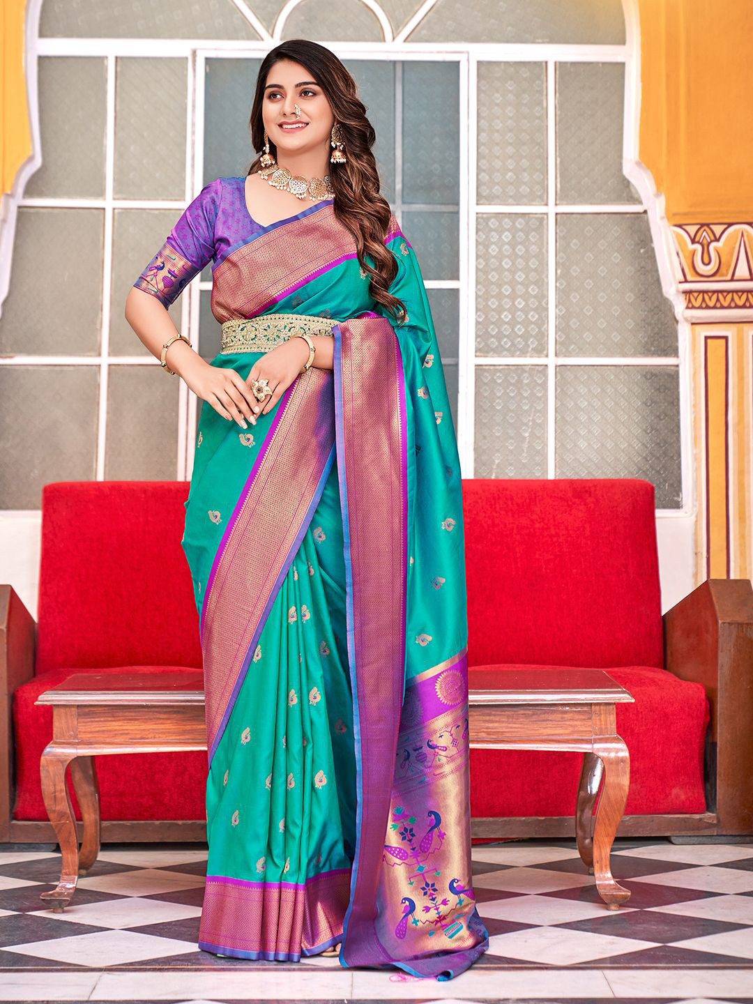 

Panzora Woven Design Zari Saree, Teal
