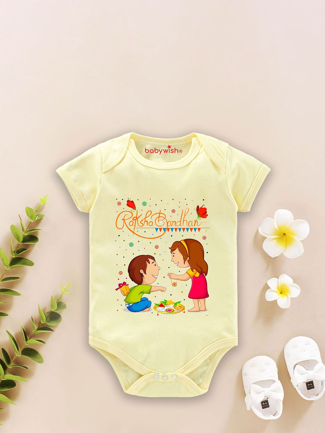 

Babywish Infants Raksha Bandhan Printed Cotton Bodysuit, Yellow