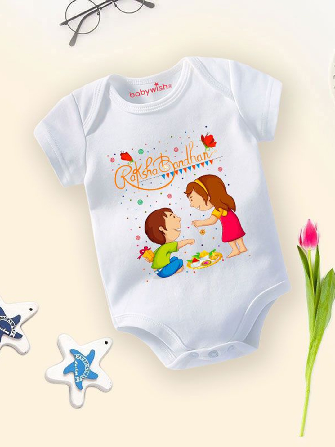 

Babywish Infants Raksha Bandhan Printed Cotton Bodysuit, White