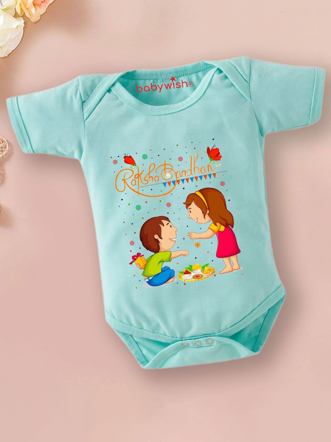 

Babywish Infants Raksha Bandhan Printed Cotton Bodysuit, Sea green