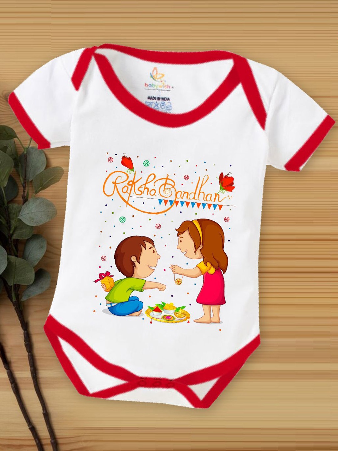 

Babywish Infants Raksha Bandhan Printed Cotton Bodysuit, Red