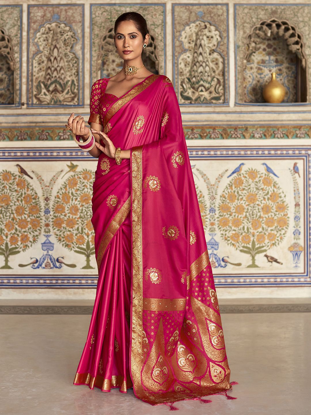 

Panzora Ethnic Motif Zari Woven Satin Saree, Pink