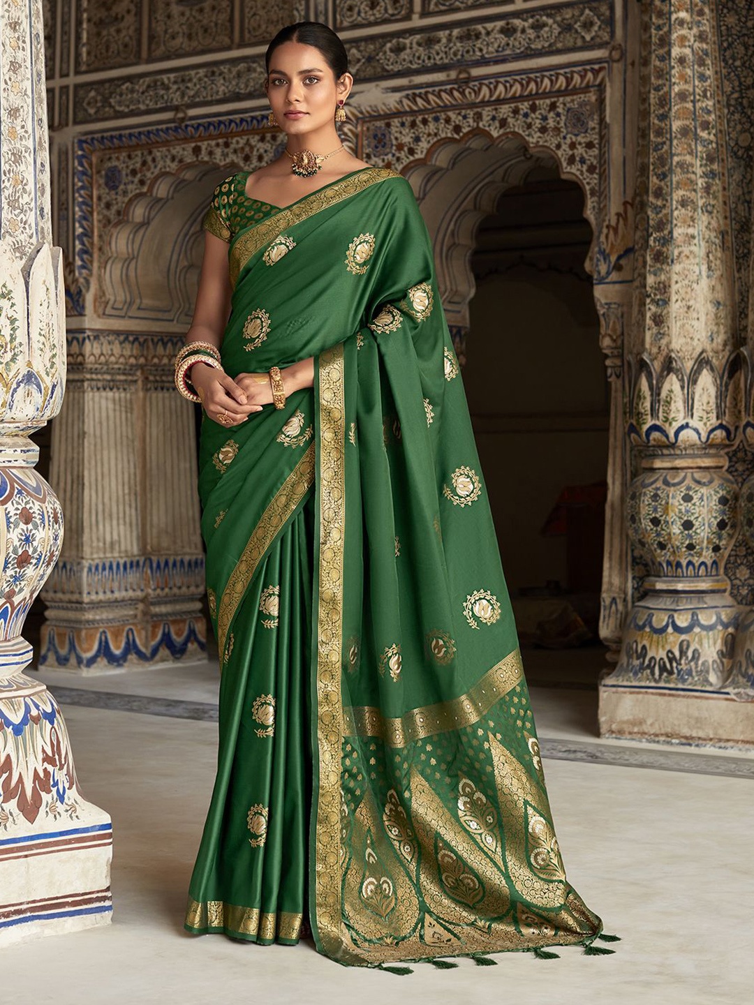 

Panzora Ethnic Motifs Zari Satin Saree, Green