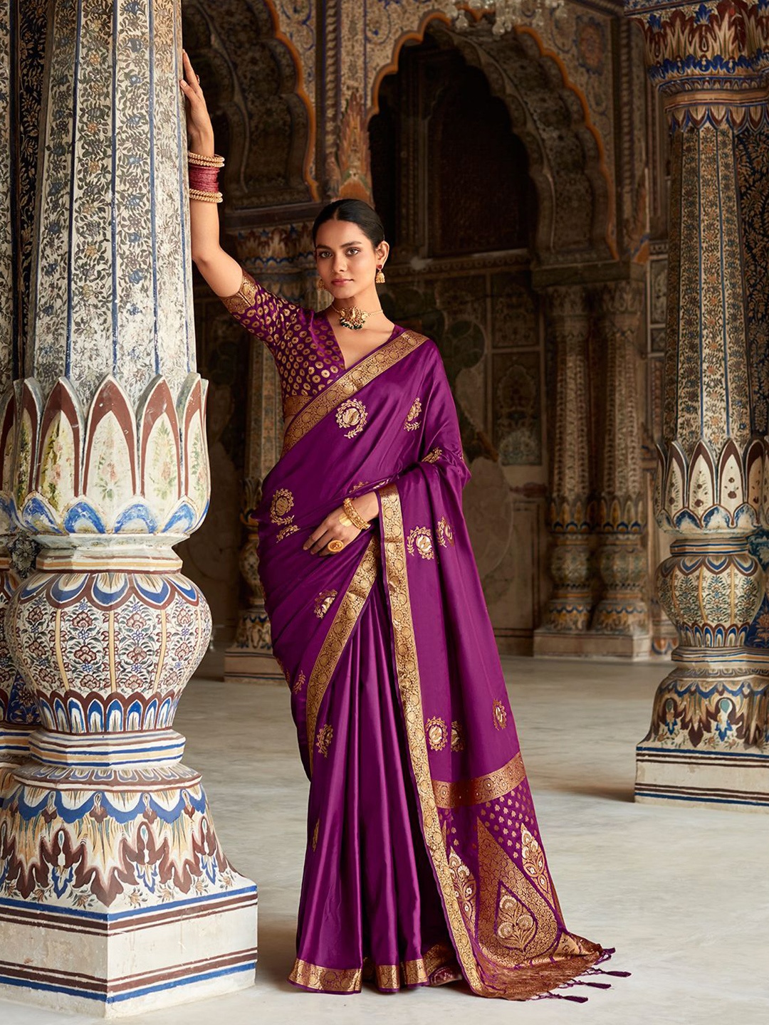 

Panzora Ethnic Motif Zari Woven Satin Saree, Purple