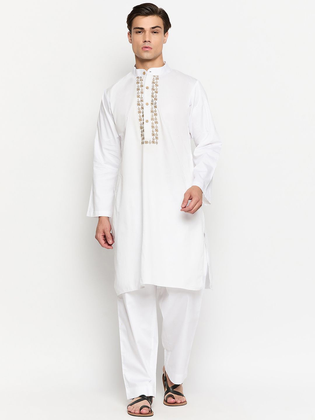 

NABIA Floral Yoke Design Embroidered Regular Thread Work Pure Cotton Kurta with Pyjamas, White