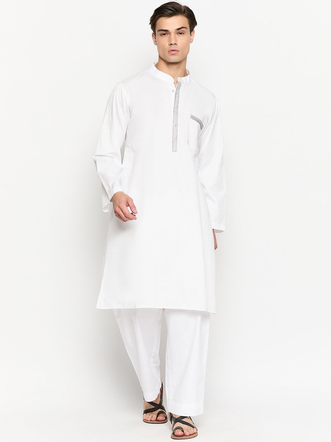 

NABIA Thread Work Mandarin Collar Regular Pure Cotton Kurta with Pyjamas, White