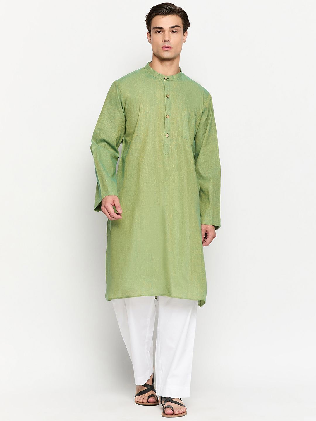 

NABIA Mandarin Collar Regular Pure Cotton Kurta with Pyjamas, Green
