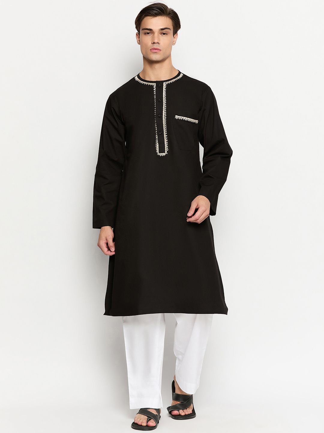 

NABIA Mandarin Collar Embroidered Regular Pure Cotton Kurta with Pyjamas, Black