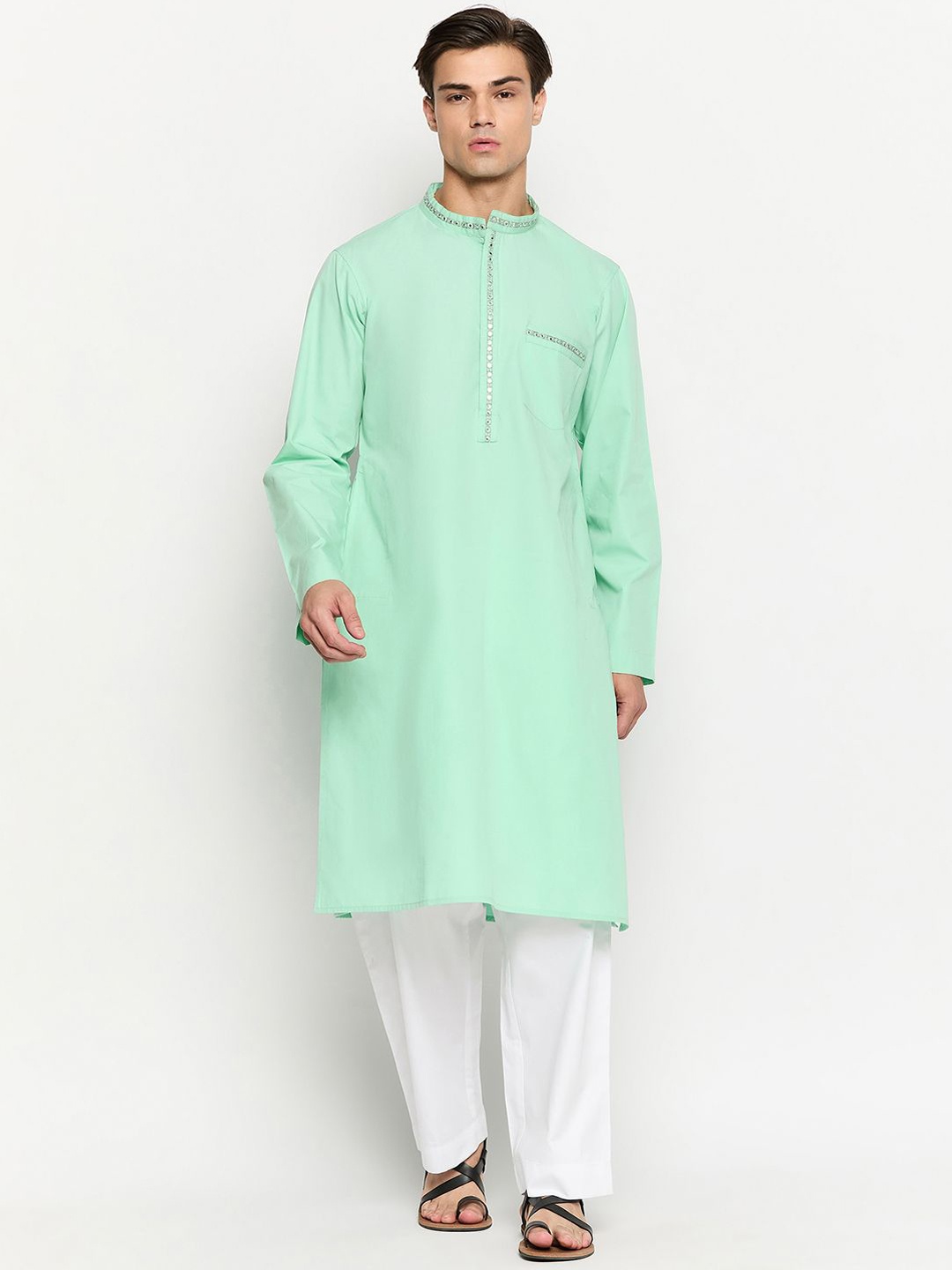 

NABIA Mirror Work Mandarin Collar Regular Pure Cotton Kurta with Pyjamas, Sea green