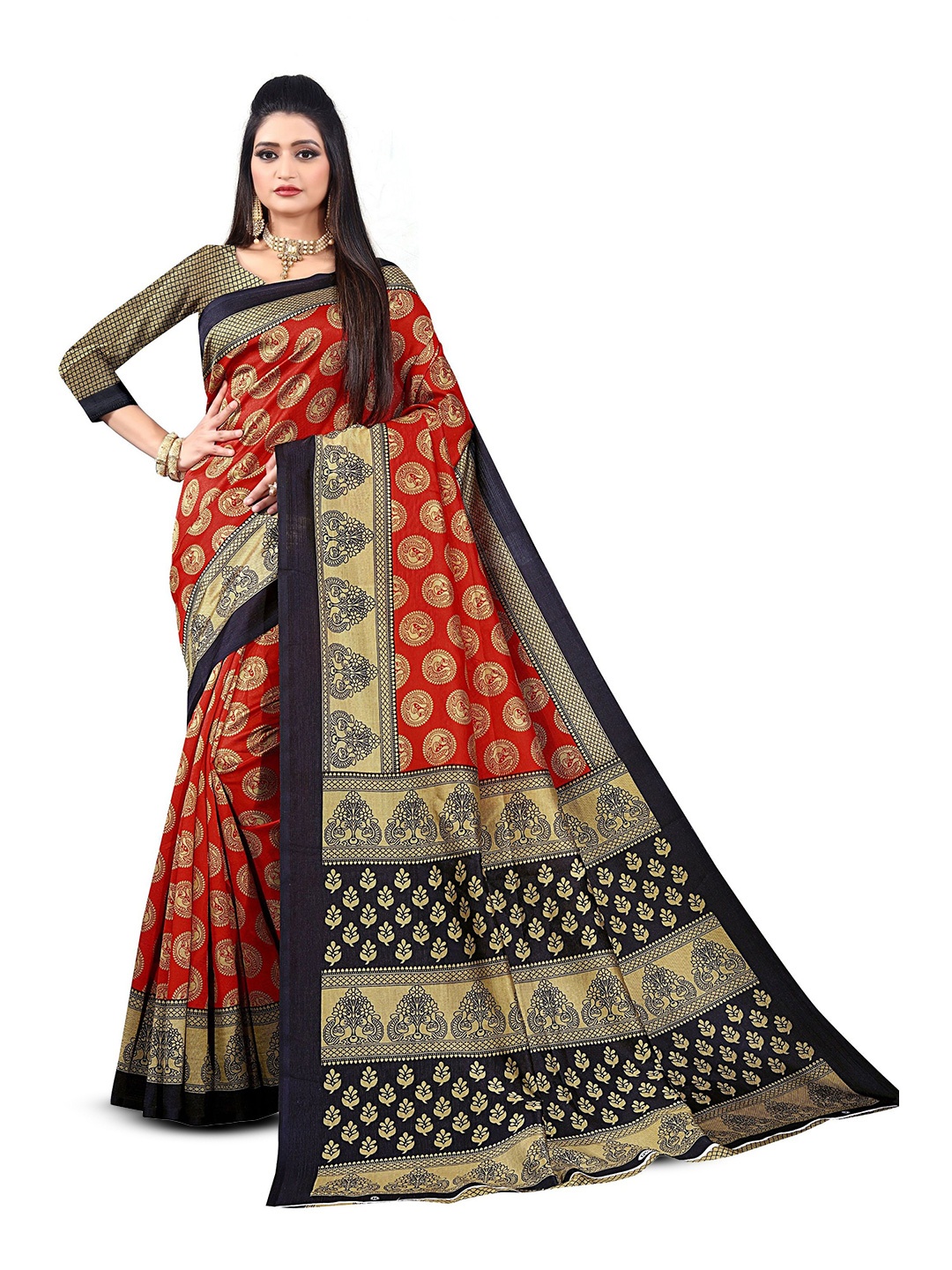 

RUNAYA NX Women Woven Design Zari Saree, Red