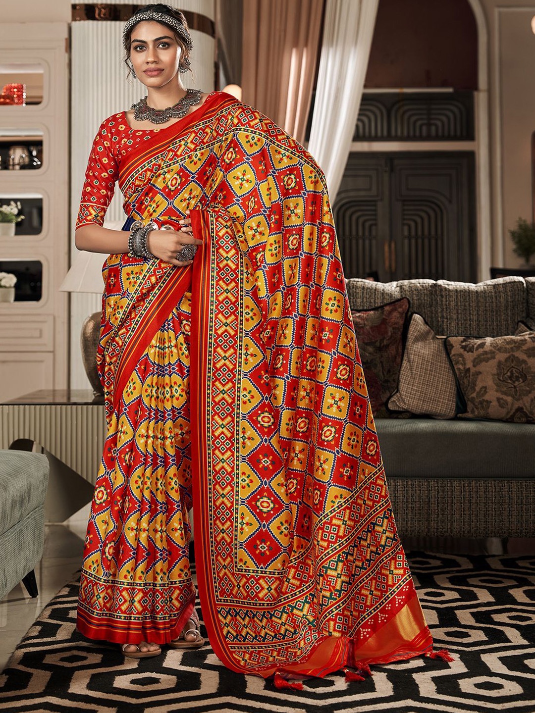 

Panzora Geometric Tassel Patola Saree, Yellow