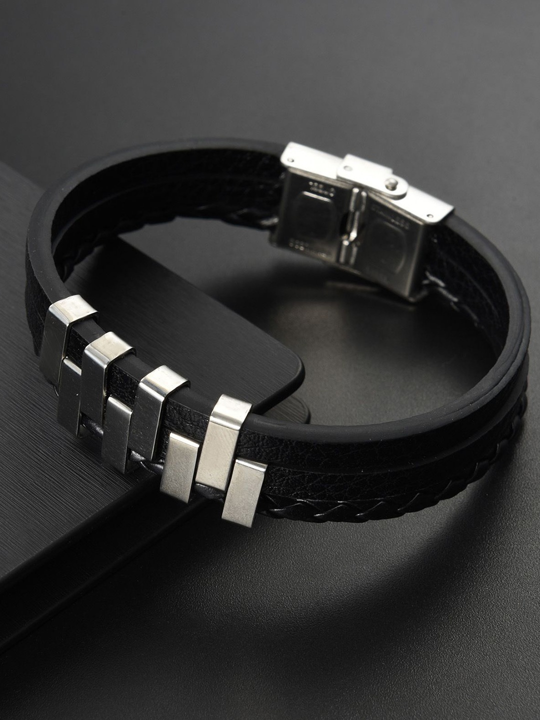 

MYKI Men Stainless Steel Leather ZigZag Cuff Bracelet, Black