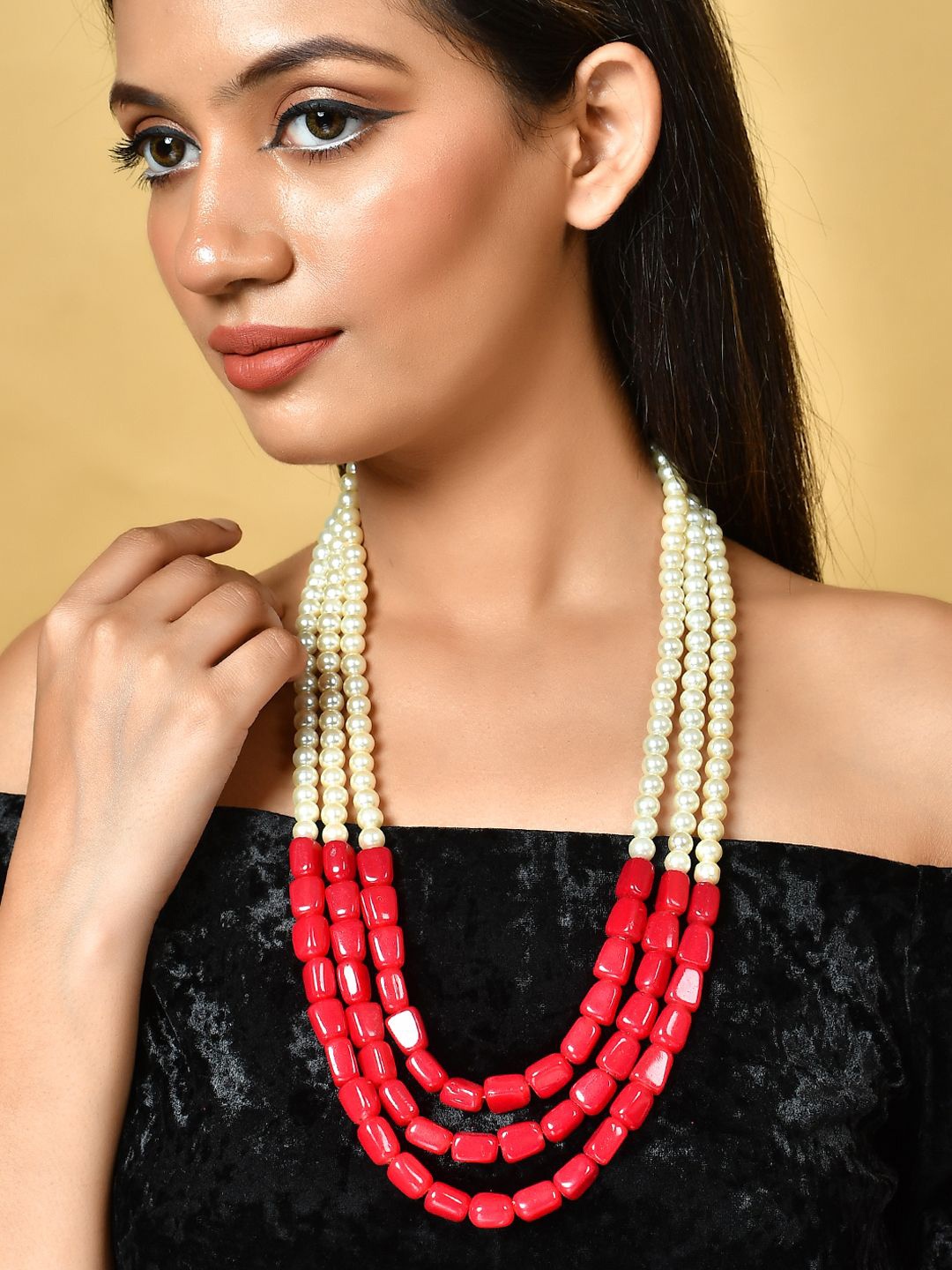 

Silvermerc Designs Gold-Plated Pearl Beaded Layered Necklace, Red