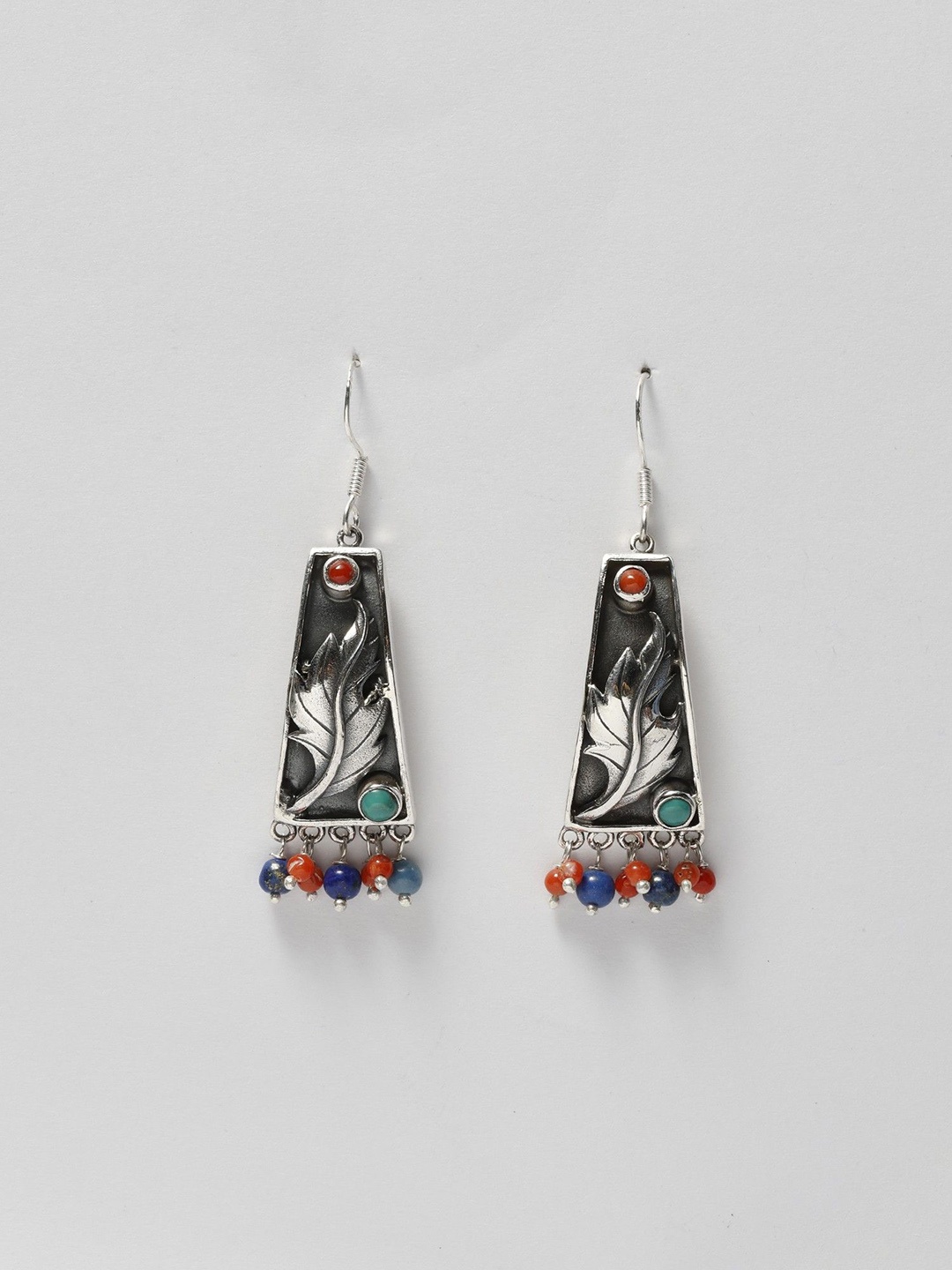 

Exotic India Coral, Tibetan Turquoise & Lapis Lazuli Sterling Silver Leaf Design Earrings