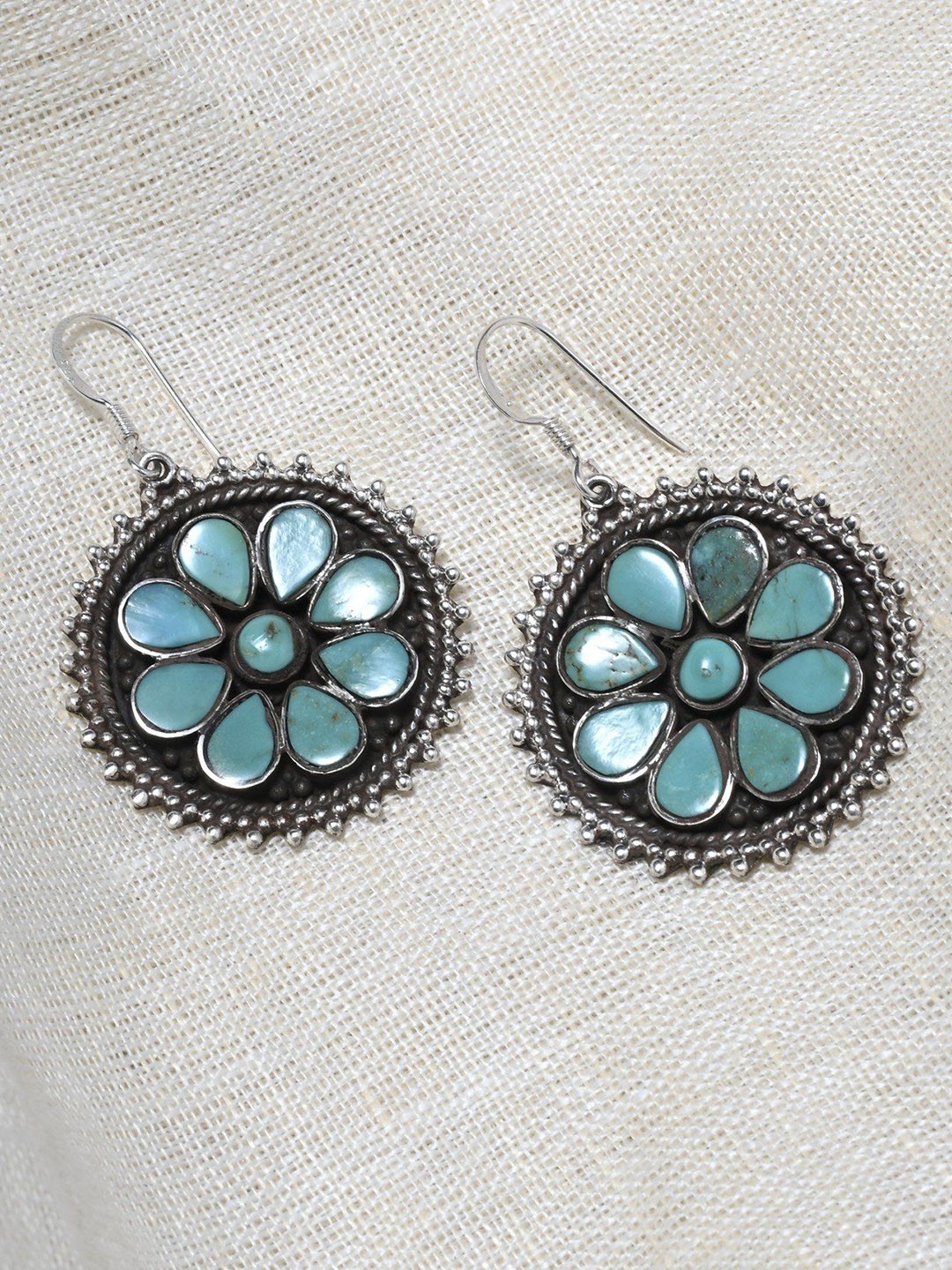 

Exotic India Sterling Silver Circular Turquoise Studded Drop Earrings