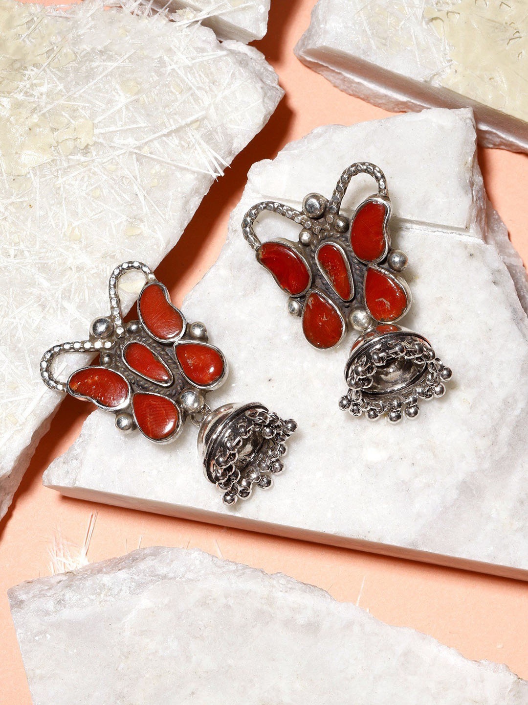 

Exotic India Coral Sterling Silver Butterfly Design Sterling Silver Jhumki Earrings