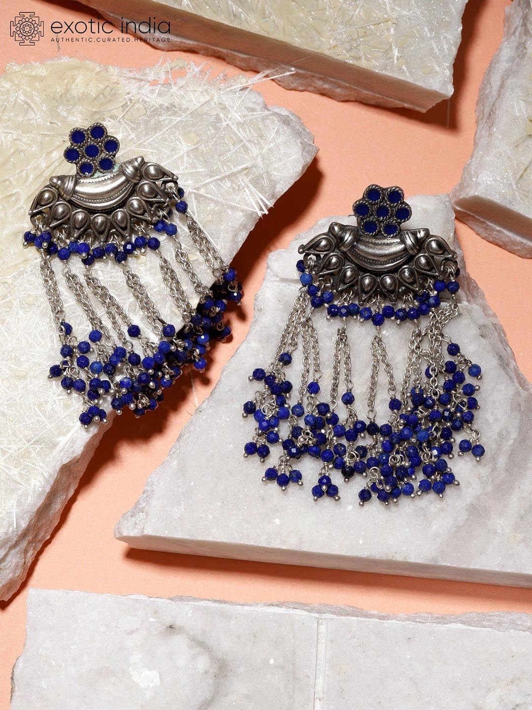

Exotic India Lapis Lazuli Sterling Silver Shower Earrings