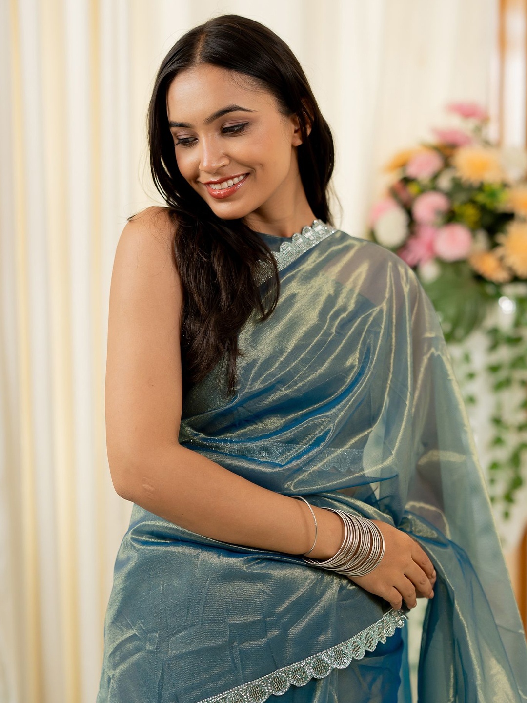 

Subham Embellished Beads and Stones Saree With Blouse Piece, Blue