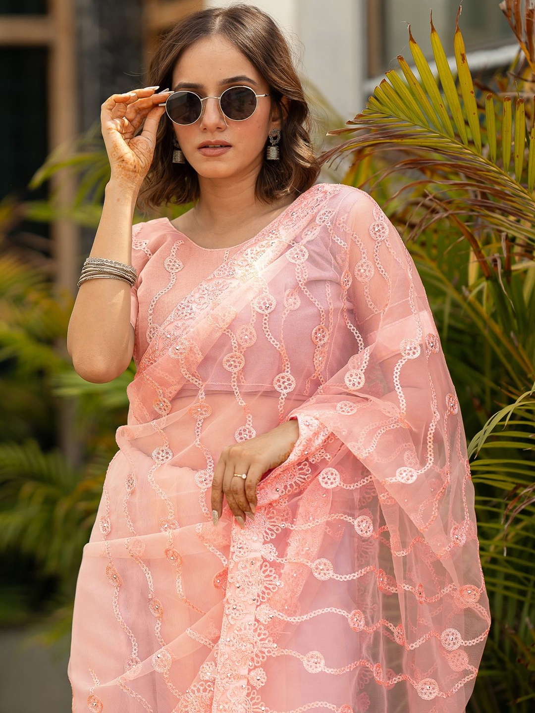 

Subham Embellished Beads and Stones Net Saree, Peach