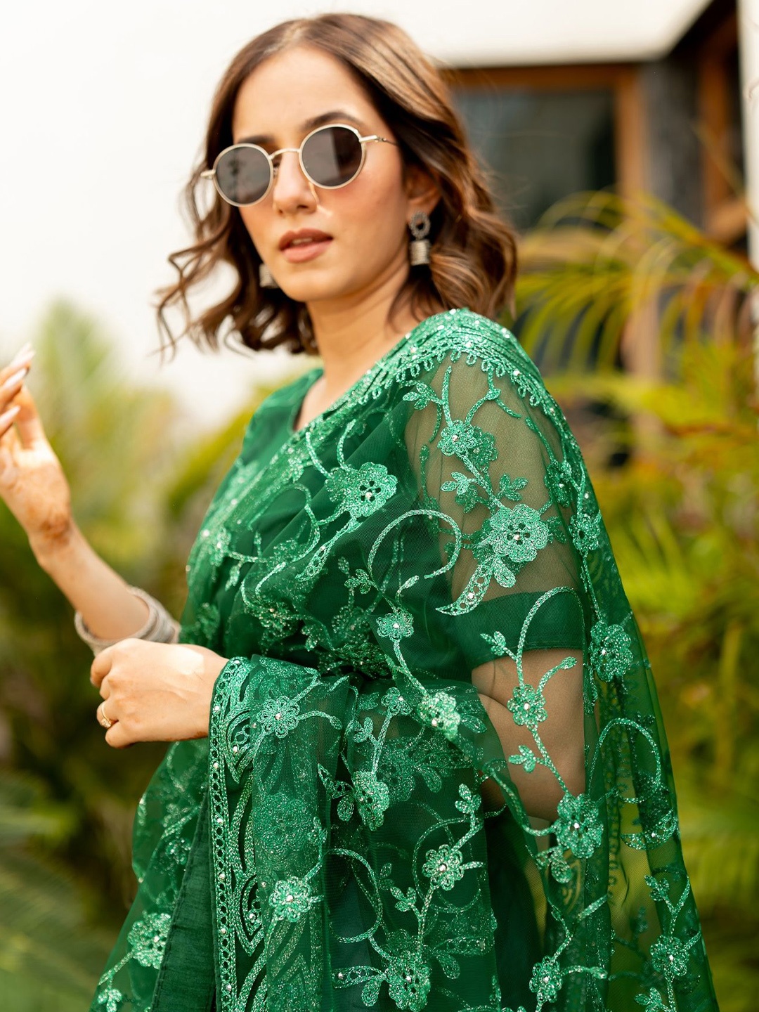 

Subham Floral Beads and Stones Net Saree, Green