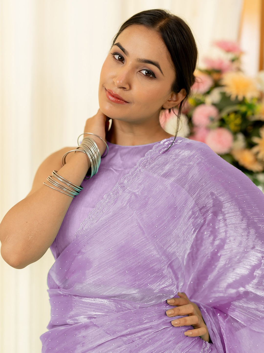 

Subham Beads and Stones Organza Saree, Lavender