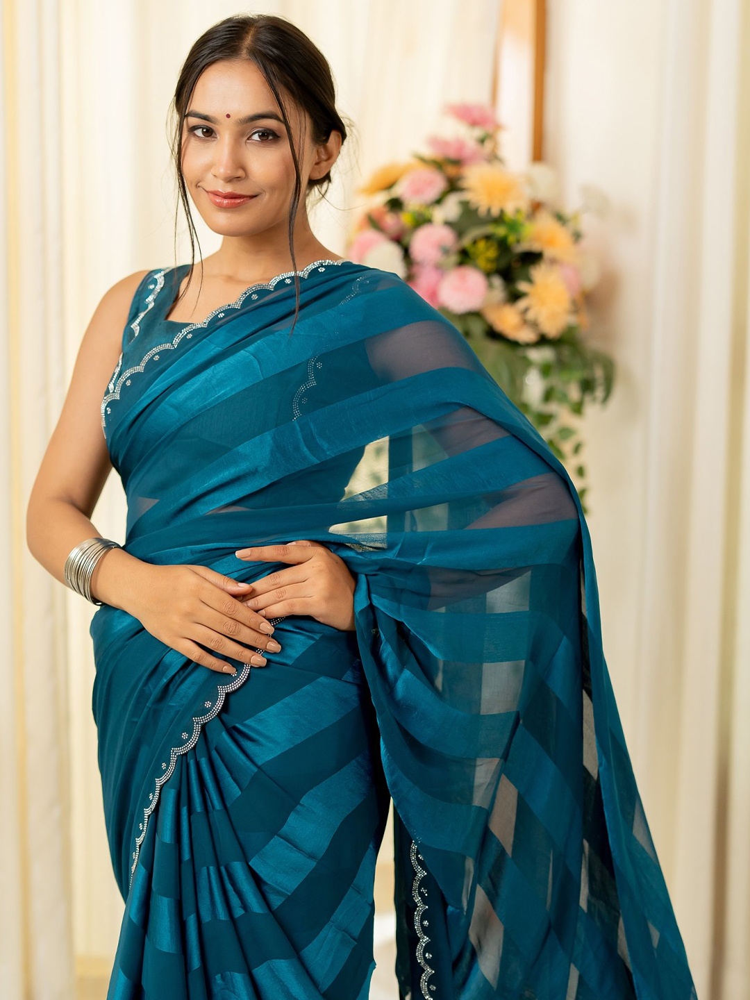 

Subham Striped Beads and Stones Saree, Blue