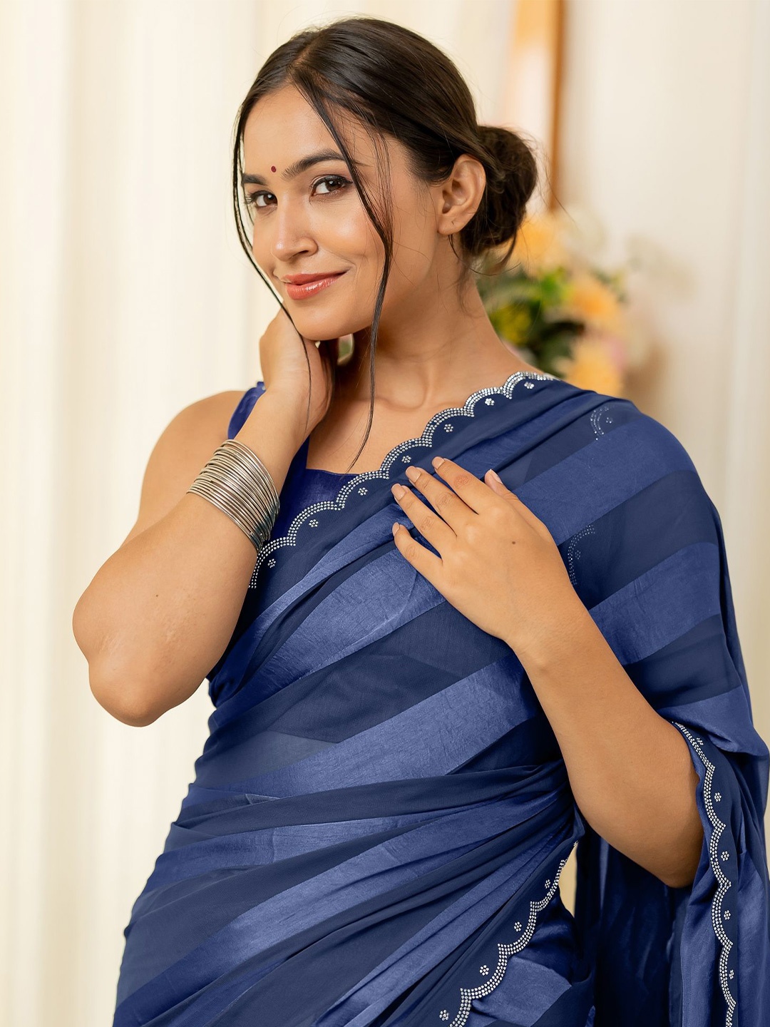 

Subham Striped Printed Beads and Stones Saree, Navy blue