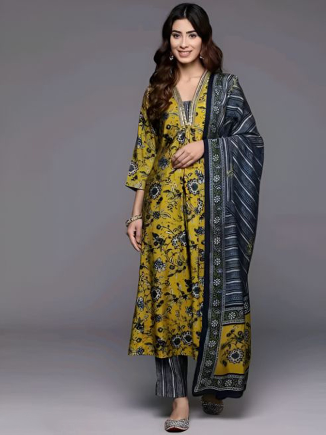 

BAIRAJ Floral Printed V-Neck A-Line Kurta with Trousers & Dupatta, Mustard