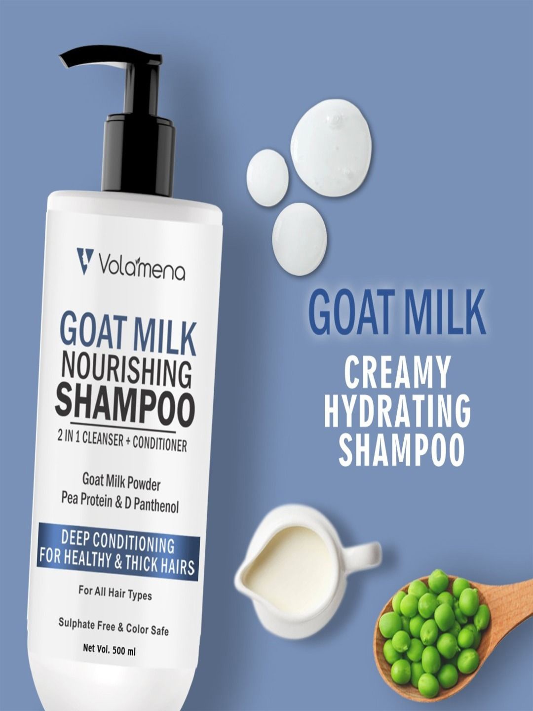 

Volamena Goat Milk 2-in-1 Nourishing Shampoo with Pea Protein & D Panthenol - 500ml, White
