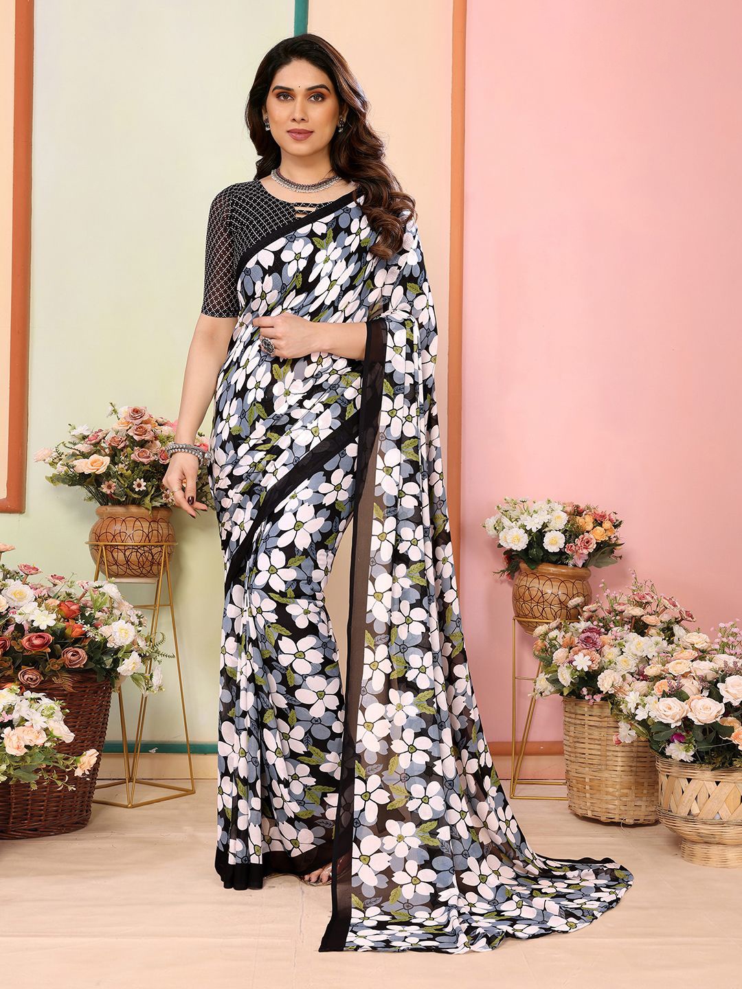 ANAND SAREES Floral Printed Saree with Blouse, Black