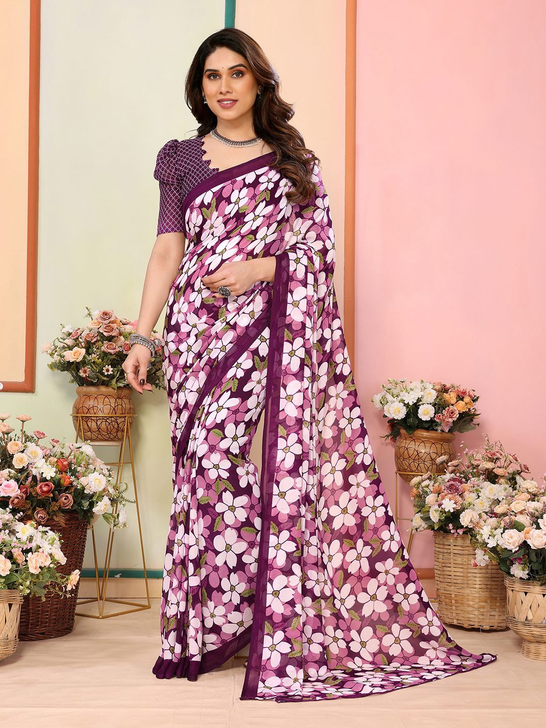 

Moda Rapido Floral Saree with Blouse, Purple