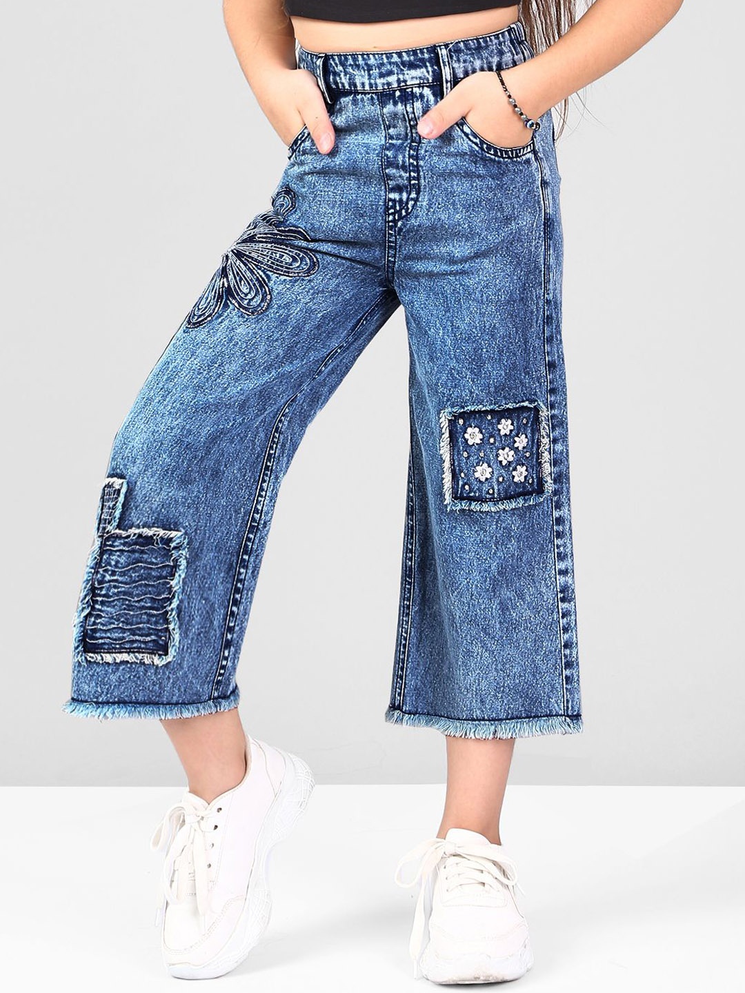 

Naughty Ninos Girls Comfort Embroidered Pure Cotton Flared Jeans, Navy blue