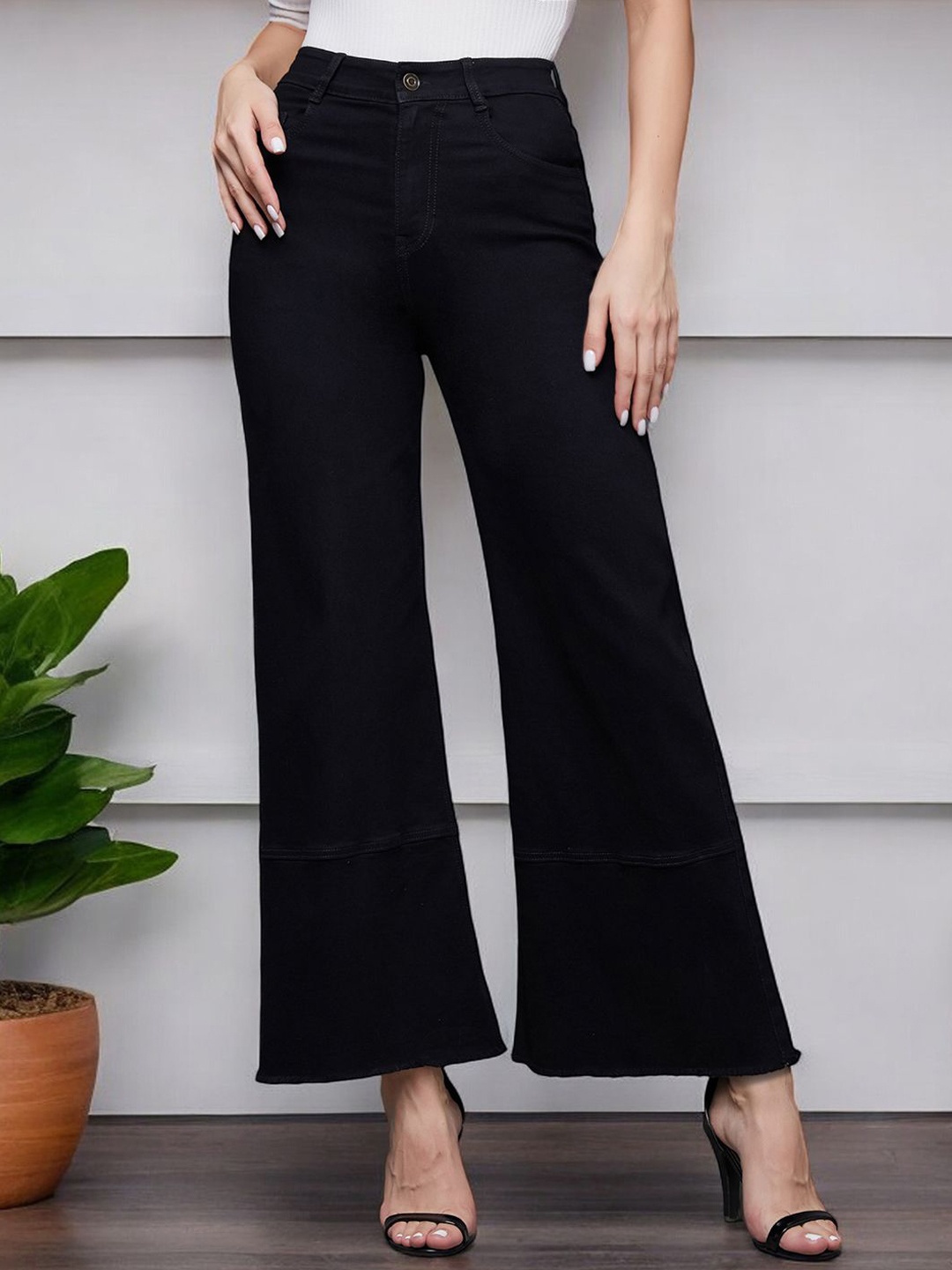 

Miss Chase Women Wide Leg High-Rise Cotton Stretchable Jeans, Black