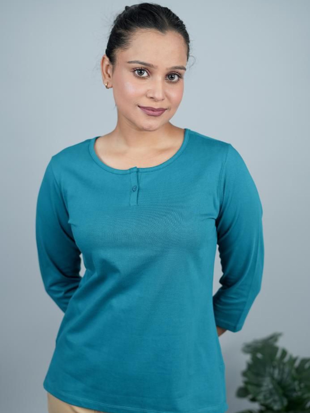 

Mlada Women Henley Neck Drop-Shoulder Sleeves Raw Edge T-shirt, Teal