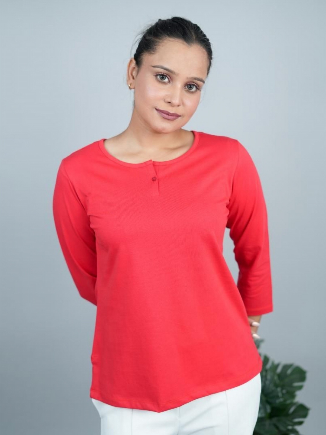 

Mlada Women Henley Neck Drop-Shoulder Sleeves Pockets T-shirt, Red