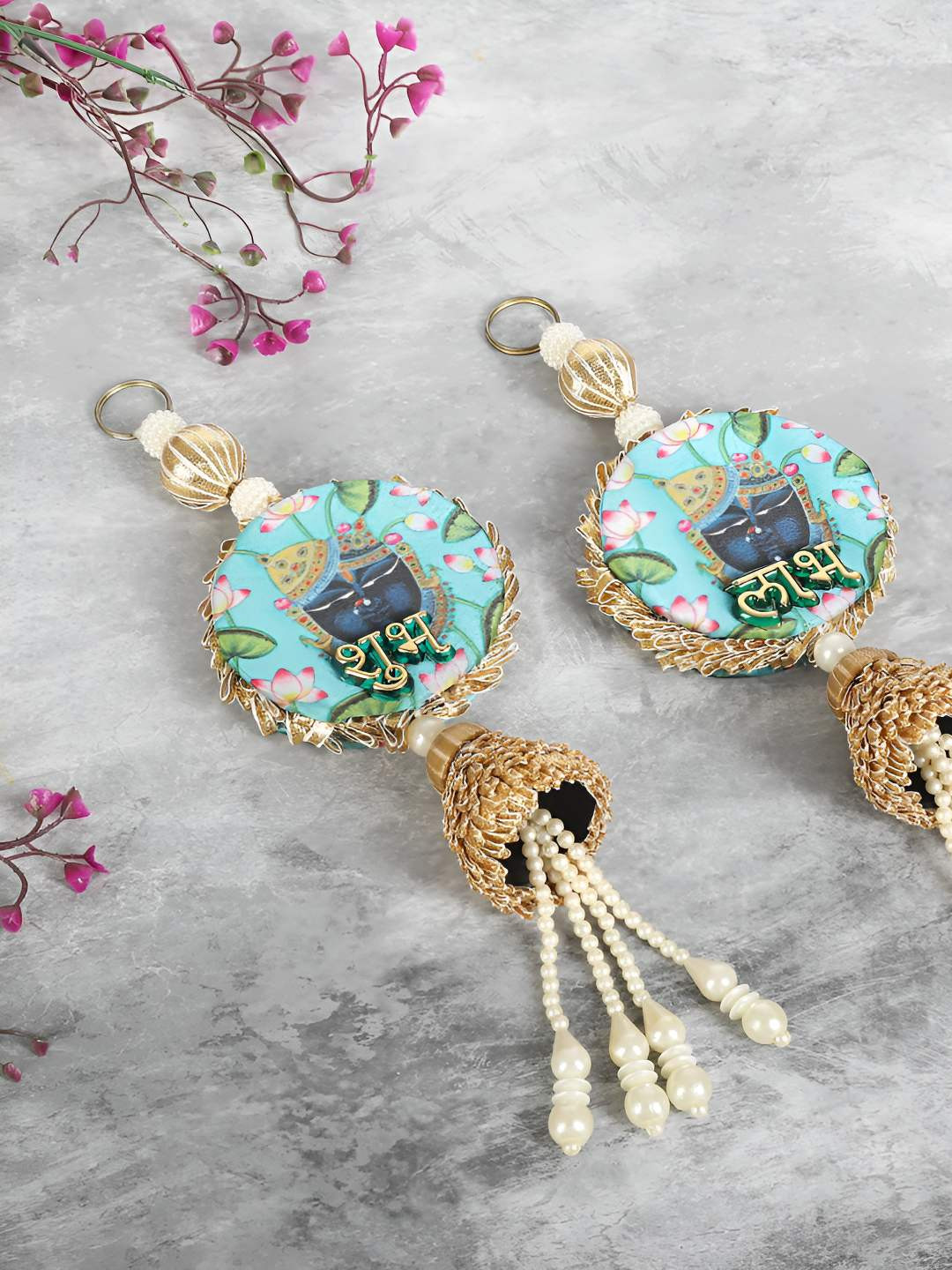 

THE HOME CO. Blue & Gold Toned 2 Pieces Printed Subhlabh Side Hangings